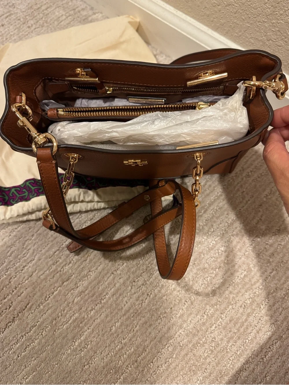 Tory Burch Brown Leather Chain-Accent Crossbody Satchel